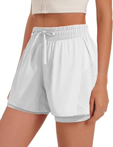 PINSPARK Women's Sport Shorts 2 en 1 Training Shorts Taille Haute Running Shorts Sport à séchage Rapide avec Poches