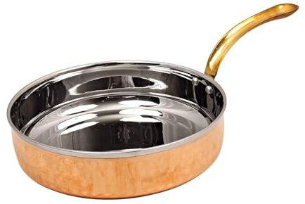 Poêle à frire en acier inoxydable plaqué cuivre - 400 ml - Design martelé indien - Poêle à frire traditionnelle en acier inoxydable plaqué cuivre pour curry, collations et grésilleurs