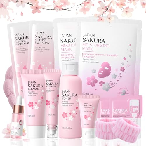 Sakura Gesichtspflege Set - Sakura Skincare Set - Teenager Mädchen Geschenke Set für Frauen - Hautpflege Beauty set Mädchen - Anti Aging & Nährend - Mit Cleanser,Toner,Serum,Creme,Schlammmaske(12PCS )