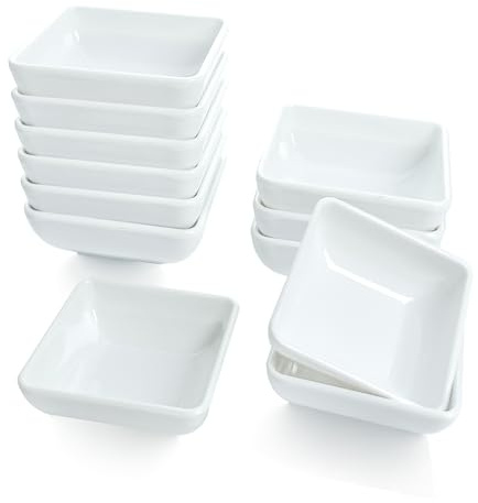 BMZXCH 12 Piezas Mini Cuencos Pequeños Salsa Soja Cuadrados para Salsas, Mini Plato Tazón de Salsa Postre Aperitivo de Vinagre para Ketchup, Condimento, Frutas, Helados (7.3x7.3x2.7 cm, Blanco)