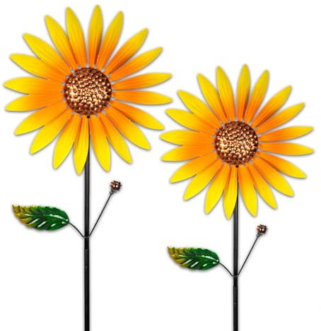 pearlstar Sonnenblume Windrad Metall, 2er-Pack Windspiel Garten Mit Metallpfahl, 94cmx25cm Windspinner Gartendeko Für Draußen Balkon Terrasse Rasen