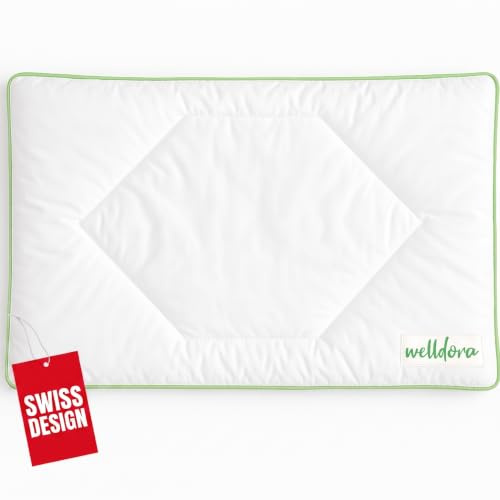 Welldora Kinderkissen 40x60 | Flach & hautfreundlich | Kinder bis 6 Jahre | Pflegeleichtes Kopfkissen | Extra flach | Bezug aus 100% Baumwolle | OEKO-TEX zertifiziert | Waschbar und besonders weich