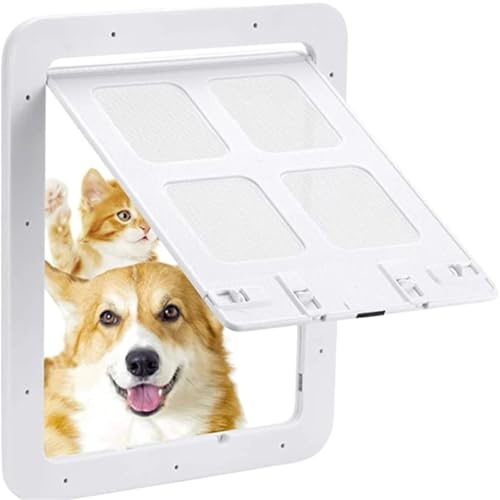 Gattaiola per Animali di Grossa Taglia Porta scorrevole di sicurezza automatica for animali domestici, con sportello magnetico, for auto, cancelletto for serratura a 4 vie(White,37X43cm)