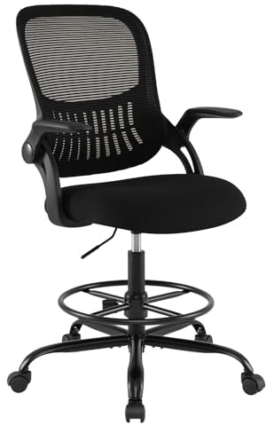COSTWAY Silla Escritorio, Silla Ergonomica Giratoria Alta de Malla, Reposabrazos Abatibles y Reposapiés Ajustable, Ergonomic Chair con Ruedas Oficina, 70 x 62 x 108-126 cm, Negro