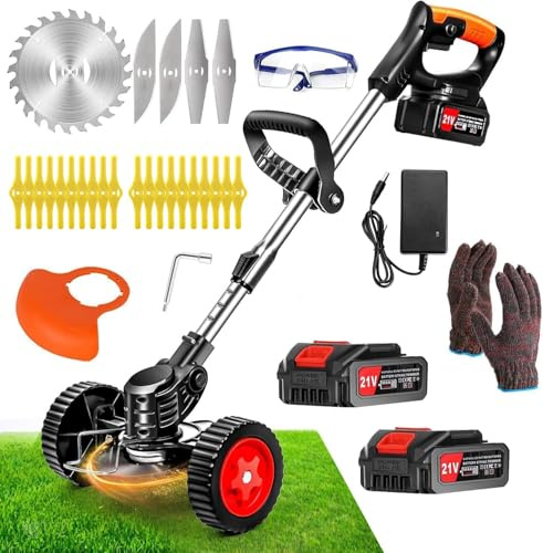 Decespugliatore a Batteria 21V Tagliaerba a Batteria, Tagliabordi Elettrico con 2 2.0Ah Batterie e 4 Tipi di Lame, Ruote Rimovibili, Decespugliatori da Giardino Altezza Regolabile per Prati, Arbusti
