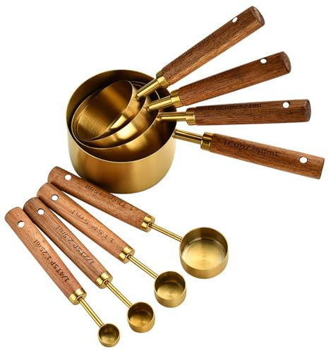 Stainless Steel Measuring Cups and Spoons Set, 8PCS Gold Measuring Cups and Spoons with Wooden Handle, with Scale, for Cooking and Baking