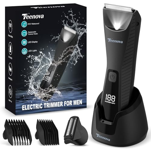 TEENOVA Tondeuse à poils pubiens et corporels pour homme, rasoir électrique 2 en 1 avec lame en céramique, tondeuse à chargement sans fil avec écran LED