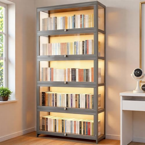 Scribora Bookcase, Bookshelf with Doors, 5 Tier Tall Display Cabinet, Free Standing Book Shelf for Living Room, Acrylic Glass Display Case for Collectibles Trophy Books (Grey-flip Door)