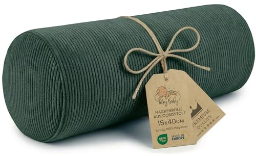 Kissenrolle mit Bezug 40x15 cm Nackenkissen weich formstabil hochbauschig | Nackenrolle Nackenstützkissen Kniekissen Stützrolle Rückenkissen aus Cordstoff für Bett Sofa und Couch Grün Cordstoff