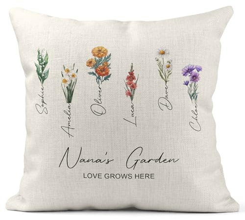 Print Maniacs Personalised Birth Flower Cushion with Custom Family Names, Floral Pillow for Mum Nana Grandma, from Children & Grandchildren, Home Sofa Bedroom Décor Keepsake - Love Grows Here