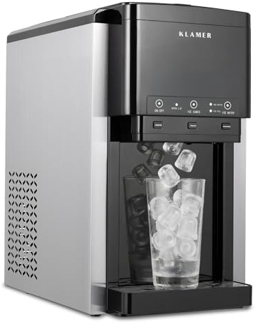 KLAMER 3-in-1 Eiswürfelmaschine, Crushed Ice & Eiswasser, 18–20 kg/24h, Kugeleis 12 Stück in 7 Min, 2,1 L Tank, Ice Maker, Wasserspender, Selbstreinigung