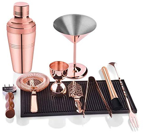 Set Barista Shaker per Cocktail da 17 Once, Shaker per Martini in Acciaio Inossidabile, Cucchiaio per mescolare, pestello, Jigger dosatore, versatori per liquori, Strumenti da Bar Professionali(Oro)