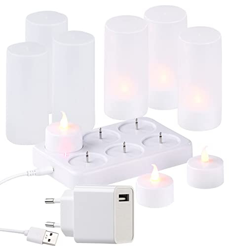 Lunartec LED Kerze USB aufladbar: 6 Akku-LED-Teelichter, flackernde Flamme, Acrylgläser, Ladestation (wiederaufladbare Kerzen, Kerzen zum aufladen, Sets)