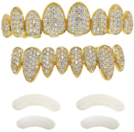 TSANLY Gold Grillz Iced Out CZ diamant topp & botten set grill 24K guldpläterade makrobete tänder grillar – extra gjutstänger ingår + förvaringsväska + mikrofiberduk e guldpläterad mässing, colore: Guld