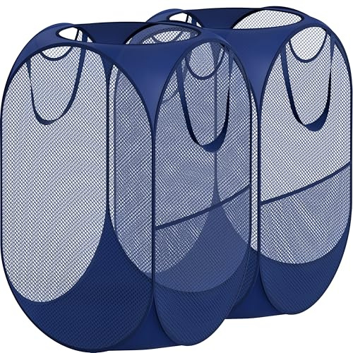 Simple Houseware Mesh Pop-Up Laundry Hamper Basket with Side Pocket, Dark Blue - 2 Pack