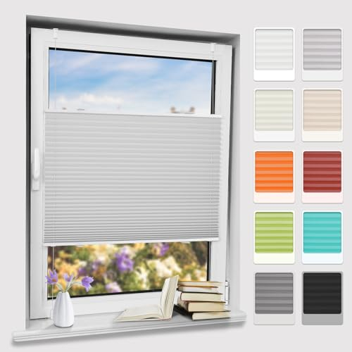 Plisseerollo klemmfix ohne Bohren, Hellgrau 55x120cm(BxH) Springrollo mit Klemmträger, Blendschutz Klemmrollos für Fenster & Balkontür