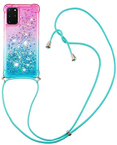 VooDirop Handykette Handyhülle kompatibel mit Samsung Galaxy A51 4G Hülle Gradient Glitzer Flüssig Hülle mit Band Kette Schutzhülle Weiche Flexible Transparent TPU Stoßfest Case Cover(Pulver Blau)