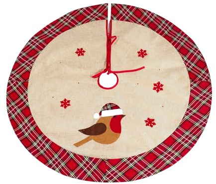 86cm Robin Christmas Tree Skirt, Burlap Hessian Linen Xmas Tree Base Cover with Snowflake Printed Design, Hook and Loop Fastening, Decorative Floor Mat for Holiday Home and Festive Decorations