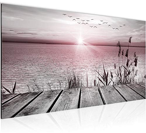 Runa Art Wandbild Brücke Am See 1 Teilig 100 x 40 cm Modern Bild auf Vlies Leinwand Meer Wohnzimmer Schlafzimmer Grau Rosa 034312b