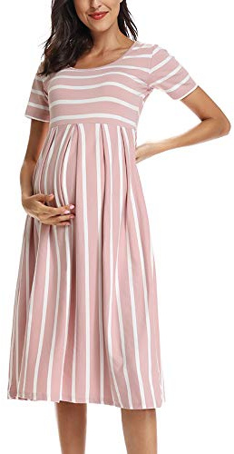Love2Mi Women's Short Sleeve Maternity Dress A-Line Midi Casual Pregnant Dress