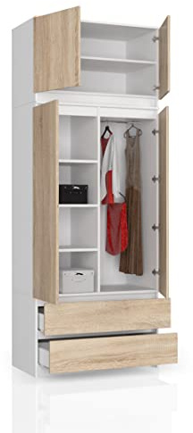 BDW Kleiderschrank mit 4 Türen, 4 Einlegeböden, Kleiderbügel, 2 Schubladen - Aufbewahrungsschrank - Moderner Schrank für das Schlafzimmer Wohnzimmer Diele - 234x90x51cm - Weiß/Eiche Sonoma