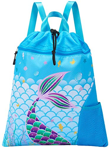 WAWSAM Mermaid Swim Drawstring Bag - 38 × 45 cm Sports Gym PE Bag for Girls Kids Waterproof Swimming Beach Shopping Yoga Backpack and Drawstring kids with Zippered Pocket and Water Bottle Pocket