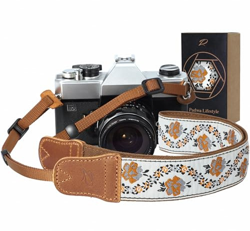 Padwa Lifestyle Camera Strap - 1.5 Crazy Horse Cowhide Head Cotton Strap,Vintage Embroidery Camera Straps for Photographers and All Cameras,Cute Adjustable Shoulder Neck Strap for Adults & Kids