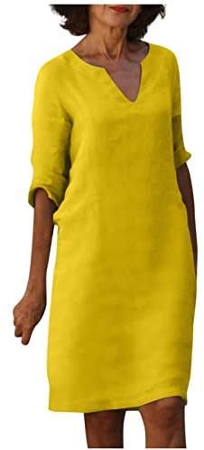 Azruma Damen Kleid Langarm Kleid MäDchen Festlich Blusenrock Damen Leinenkleid Damen Sommer V-Ausschnitt Halbe ÄRmel Einfarbig Knielang Leinen Kleider Kleider FüR HochzeitsgäSte Knielang (Gelb, XXL)