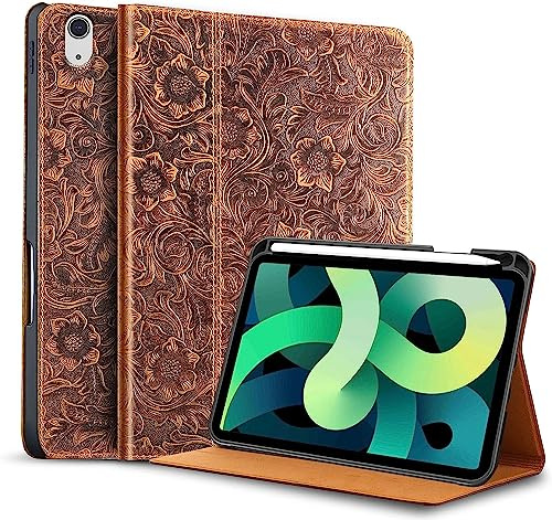 Gexmil Leder Hülle für iPad Air 11 M4/M3/M2 2026/2025/2024,10.9 2022/2020 | Premium Echtleder Cover/Flip mit Stifthalter,Auto Schlaf/Aufwachen,Schutzhülle Einstellbarer Ständer,Stoßfest,Blume Braun