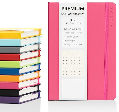 evelay Bullet Journal A5 Dotted Notebook with Faux Leather Hardback Cover and Premium 120gsm Thick Dot Grid Paper (128 Cream Pages, Cerise)