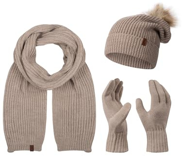 Rock Creek Winter Mütze mit Bommel Schal Set Geschenkset Wintermütze Winterschal Winterhandschuhe Herrenmütze Damenmütze U-103 Beige Einheitsgröße