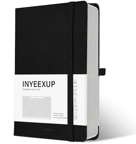 INYEEXUP Notizbuch A5 Kariert, Journal Buch mit 320 Seiten, Notizheft a5 mit Premium 100gsm Tintenfestes Papie Dickes, PU HardCover Notizbücher mit Elastischem Verschlussband und Falttasche(Schwarz)