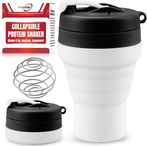 Tilcore Agitador De Proteínas Plegable Grado Alimenticio, Tapa A Prueba De Fugas De 600 Ml / 20 Oz - Vasos Mezcladores De Silicona Reutilizables Con Bola Mezcladora Para Batidos De Proteínas
