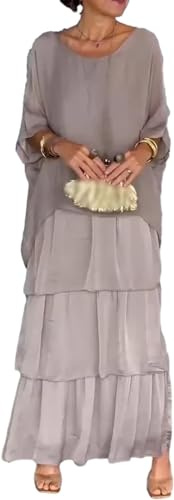 Vestido suelto de estilo artístico, vestido casual de manga de murciélago acampanado, cuello redondo, manga 3/4, maxi de vacaciones, gris, M
