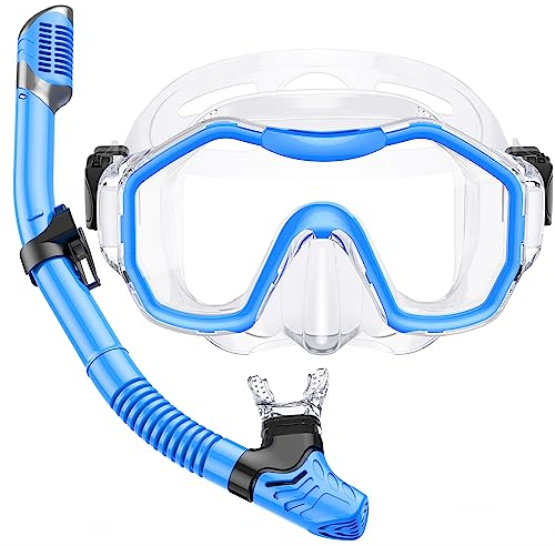 Kwambiri Schnorchelausrüstung für Kinder, Dry-Top-Kinderschnorchel-Set, 180°-Panorama-Weitsicht, Kinder-Schnorchel-Set für 6–14, frei atmend, Kinder-Schnorchelmaske zum Schnorcheln, Tauchen