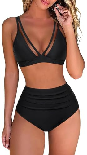 Tvådelad baddräkt dam badkläder V-ringning push up bikini bh korsad retro baddräkt brasiliansk strandkläder badkläder badkläder, Svart, S
