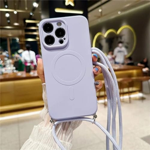 ORBANA Custodia per iPhone 12 Mini Custodia a tracolla con cordino magnetico Cover posteriore morbida in silicone liquido, Viola lilla, Custodia per iPhone 12 Mini