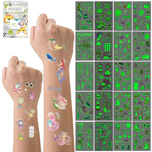 SeseBee Tatuaggi fluorescenti per bambini – 200 tatuaggi adesivi a tema sirena e animali carini, tatuaggi temporanei impermeabili per bambini