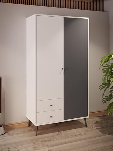 Forte Harllson, einfache Montage Dank EasyKlix Kleiderschrank Weiß mit Wolfram Grau, 2 Türen, 2 Schubladen, Einlegeböden und Kleiderstange, 105 cm breit x 202 cm hoch x 52 cm tief