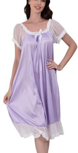 Flwydran Nattlinnen för kvinnor kortärmad satin silke plus size rosa viktoriansk nattlinne, Lila, M
