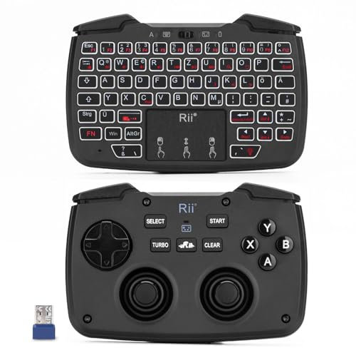 Rii Gaming Controller Wireless mit Tastatur mit Touchpad, 3-in-1-Funktionalität, 2,4GHz-Empfänger-Anschluss, Wiederaufladbare, Weiße Hintergrundbeleuchtung