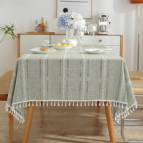 Meioro Mantel Bohemio de Macramé Con Borlas - Decoración de Cocina, 140 x 140 cm, Lino a Rayas, Malla Para Mesa de Comedor (Verde Oliva)