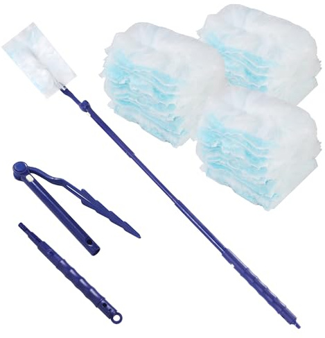51 Stück Swiffer Staubmagnet Nachfüllpack, 1 Einziehbarer Griff, Beidseitig Staubwedel für Swiffer Duster Tücher, für Vielfältige Reinigungsaufgaben zu Hause (Blau)