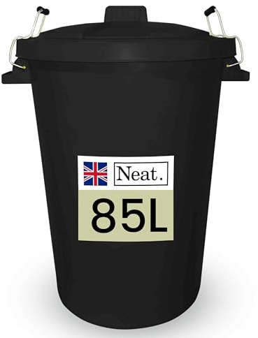 Neat. Extra Large Plastic Dustbin with Clip Locking Lid - Heavy Duty Garden Bin for Rubbish, Recycling, Animal Feed, and Storage, 85 Litre, Black, Pack of 1