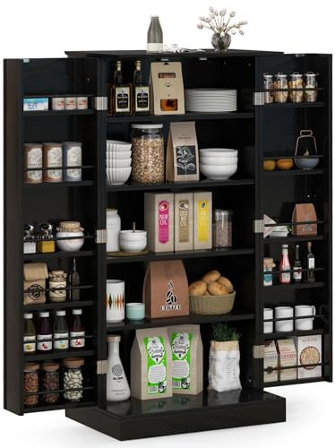 COSTWAY Küchenschrank, Vorratsschrank, Aufbewahrungsschrank mit 2 Türen & 6 verstellbaren Einlegeböden, Mehrzweckschrank für Küche, Wohnzimmer, Esszimmer, 60 x 40 x 120 cm, Schwarz