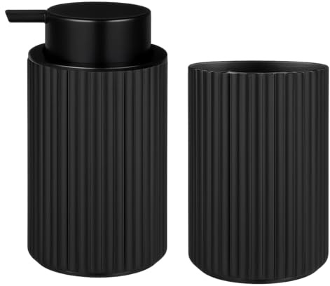 Ensemble salle de bain monTTese - Distributeur de savon 300 ml et gobelet porte-brosse, moderne, en plastique noir poli, accessoires cuisine et salle de bain, savon liquide et gel