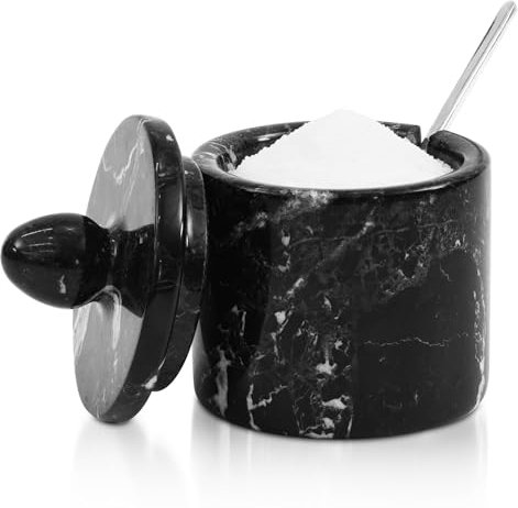 Marble Salt Cellar with Lid 4 Inch Black Handmade Salt Container, Seasoning Jars, Spice Storage Container for Kitchen countertop, spice jars Sugar bowl