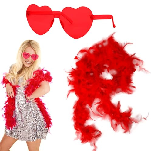 GWAWG Set di 2 boas in piuma artificiale con occhiali a forma di cuore, decorazioni artificiali per accessori da ballo, 2 m di colori disponibili (Red)