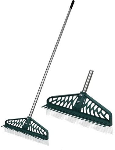 Kunststoffrasenrechen, doppelter Gartenschwungrechen, 84-155 cm langer Edelstahlstab-Rasenrechen, 40,6 cm breiter Gartenrasenrechen – für Rasen, Kunststoffrasen, Terrassen, Teppiche und Tierhaare