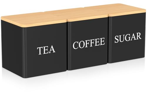 NZWBSHSSP 3Pcs Tea, Coffee and Sugar Canister Set 500ml Storage Container With Bamboo Lids - Metal Kitchen Tin Caddy for Home Kitchens (Black)